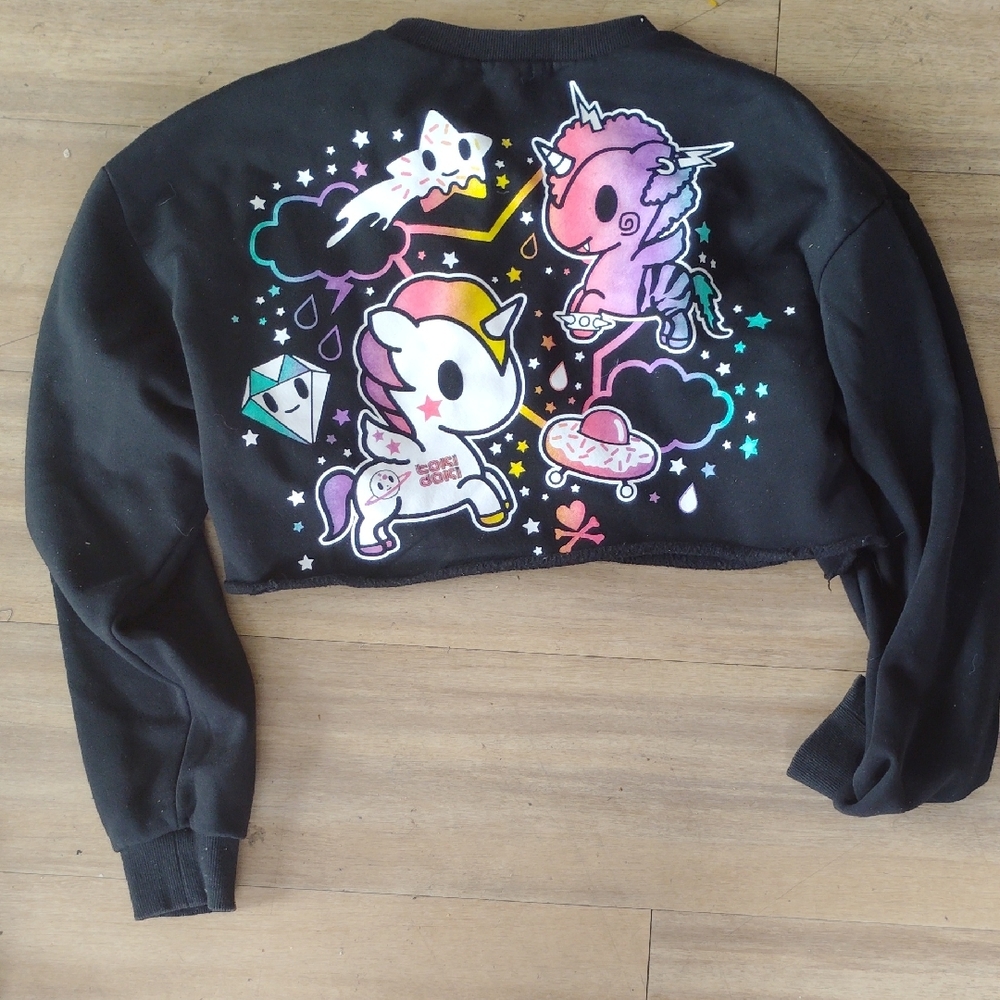 Dolls Kill Black Crop Sweatshirt with Pink Heart